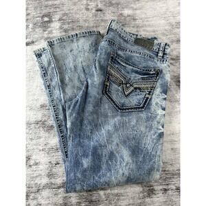 Antique Rivet Mens Straight Distressed Blue Acid Wash Embroidered Jeans 36x32